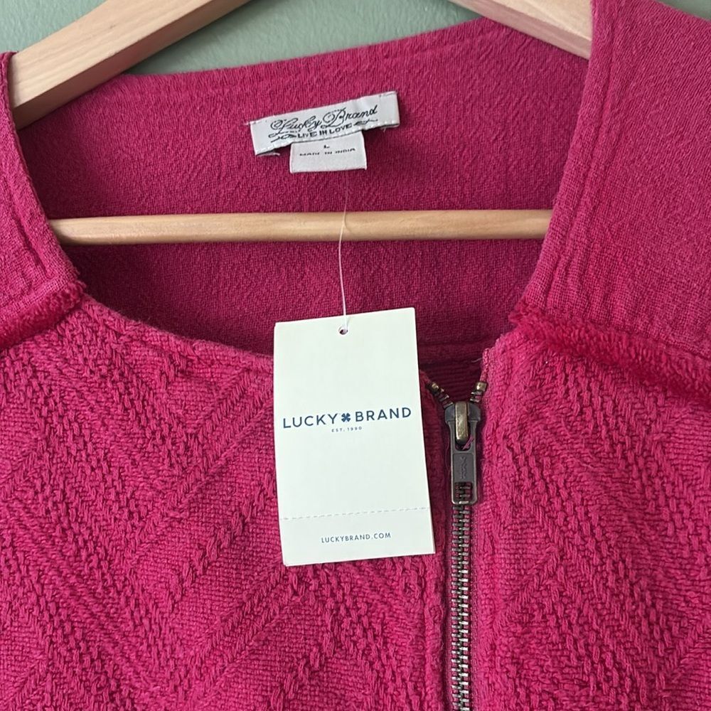 NWT Lucky Brand Pink Embroidered Distressed Zip Blazer Jacket Sz L - Picture 2 of 9